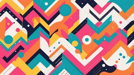 Playful vector background with bold, colorful shapes, dots, and zigzag lines.