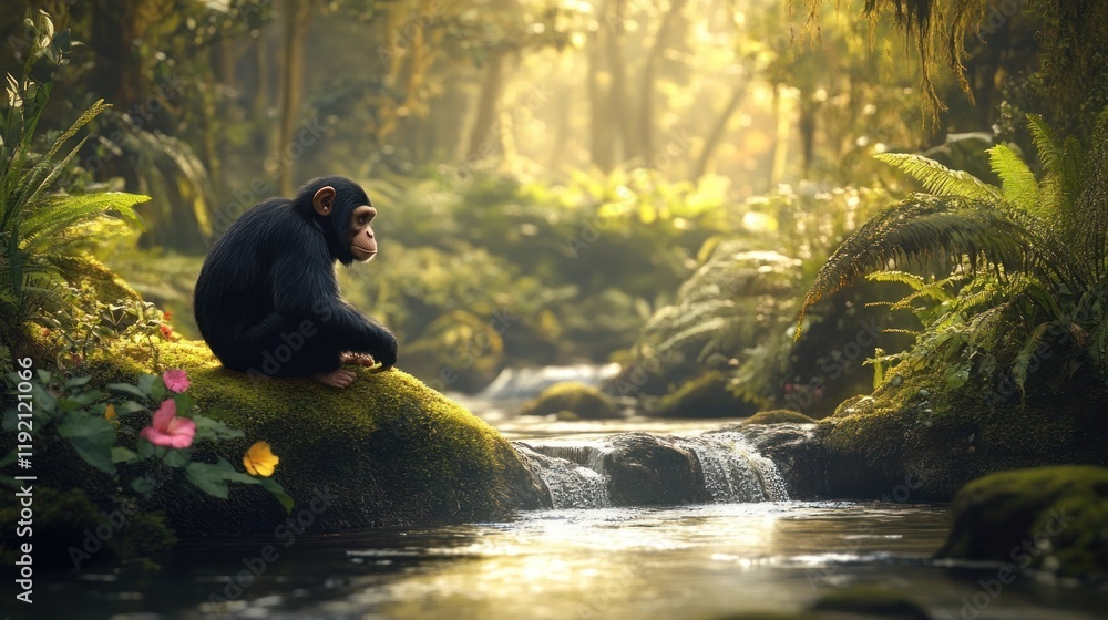 Canvas Prints A chimpanzee sits on a mossy rock beside a tranquil stream in a lush, sun-dappled jungle.