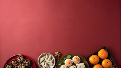 Assorted festive snacks, nuts, dumplings, and oranges on a vibrant red background. Concept of celebration and cultural traditions