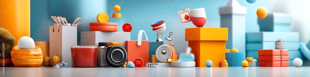 Poster a visually striking depicting a modern abstract and minimalist arrangement of colorful geometric obj