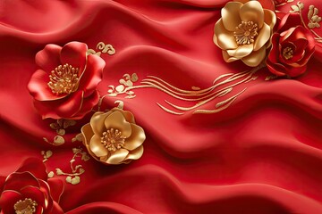 A luxurious 3D scroll design in red silk with golden floral details, perfect for traditional Chinese festive banners.