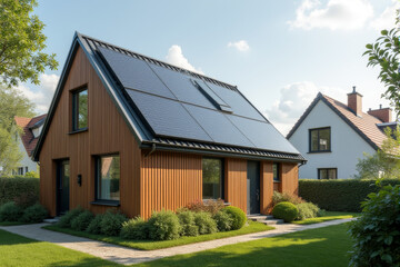 Obraz premium A small urban house with solar panels on the roof, set amidst other modern eco-friendly homes