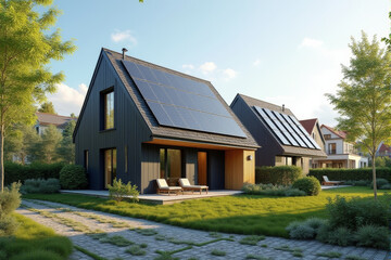 A small urban house with solar panels on the roof, set amidst other modern eco-friendly homes