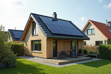 A small urban house with solar panels on the roof, set amidst other modern eco-friendly homes