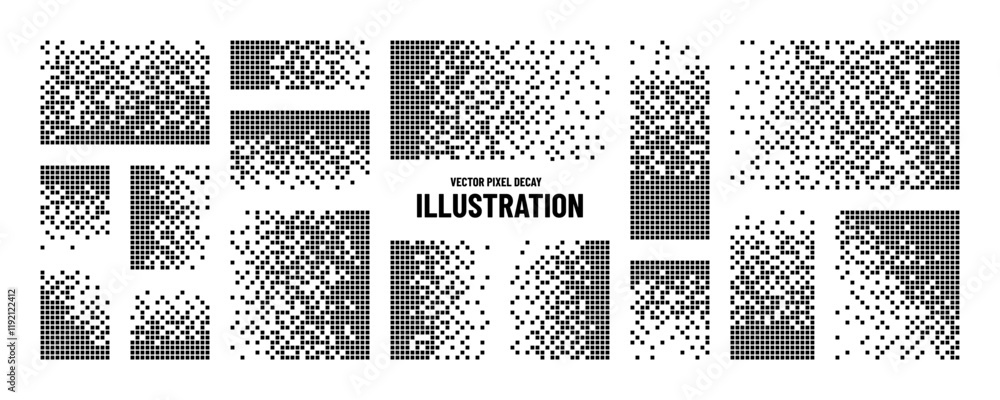 Fototapete Pixel pattern. Digital dot texture. Abstract halftone geometric art design. Mosaic grid elements set. Fade technology. Monochrome gradient. Black graphic spray effect. Vector background