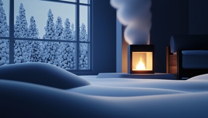 A serene snowy village with glowing windows and smoke rising from chimneys cozy winter charm holiday nostalgia peaceful vibes