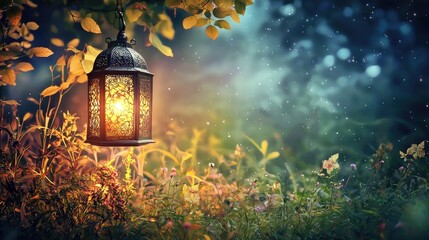 Glowing lantern in autumn garden, magical night scene, fantasy backdrop