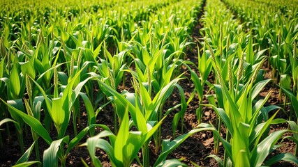 Obraz premium Green Cornfield, Maize Seedlings, Agricultural Plantation, Growing Cereal Plants