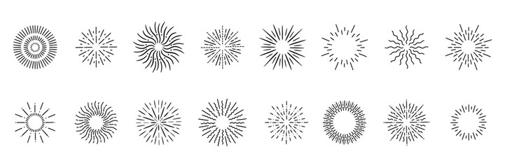 Starburst spark. Blast icon, star burst or sunburst circle sun logo, line graphic radial beam. Radiant flare light. Simple collection for decor. Logotype, emblem or badge. Vector patterns
