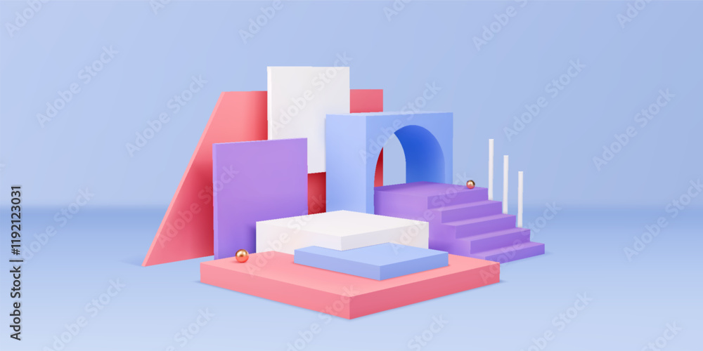 Poster 3d podium. minimal pedestal. stand scene with memphis line shapes. abstract geometric playground. ga