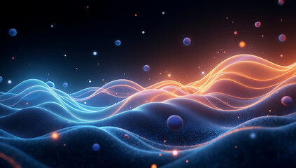 Abstract Depiction of Energy Transfer: Fluid Waves of Light Flowing Between Geometric Shapes in a Dark Void