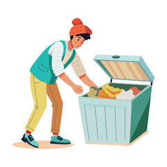 A flat illustration of character doing dumpster diving

