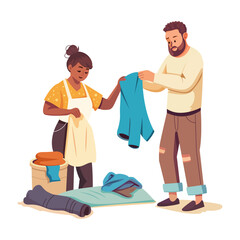 A flat illustration of woman giving old clothes to poor man

