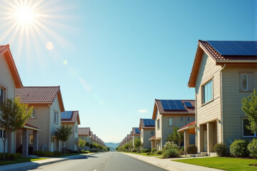 Naklejka premium A suburban street with houses lined with solar panels, captured during a bright and sunny day.