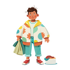 A child wearing donate clothes illustration in flat style 
