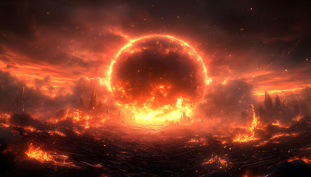 Fiery apocalypse sun landscape; game background