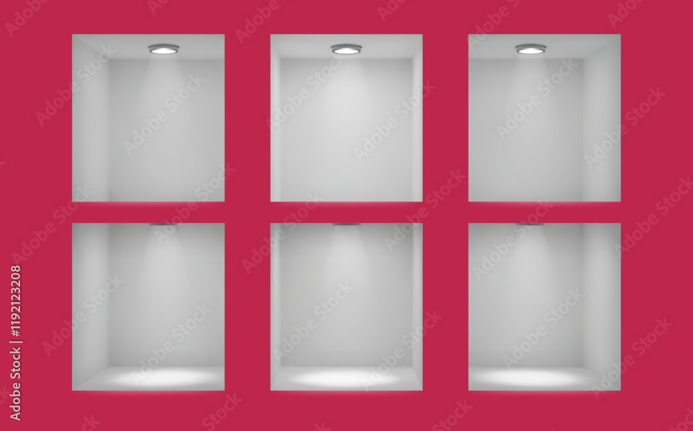 Poster 3d shelf. empty space for exhibit. store wall. white background inside bookshelf. plastic blank shop