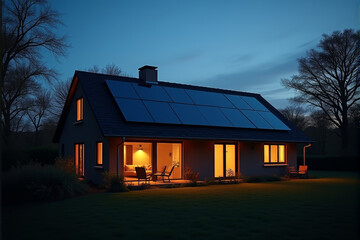A photo of a house at dusk with its solar panels visible and warm lights glowing from the windows.