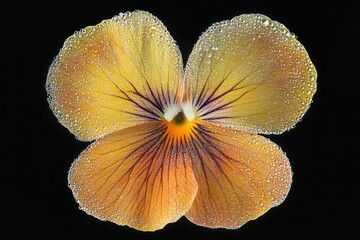 A macro image of a single yellow pansy with detailed petal veins and morning dew drops.