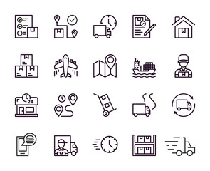 Logistic icon. Warehouse truck transport. Line supply or delivery car. Vehicle forklift industry. Chain cargo. Trailer transportation. Map destination. Vector freight delivery strokes set