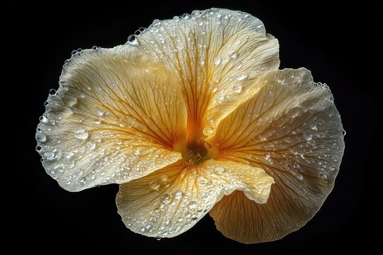 A macro image of a single yellow pansy with detailed petal veins and morning dew drops.