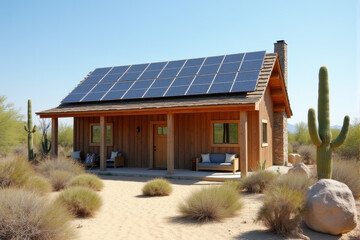 Naklejka premium A rustic wooden house with solar panels installed on the roof, located in a desert landscape with cacti nearby.