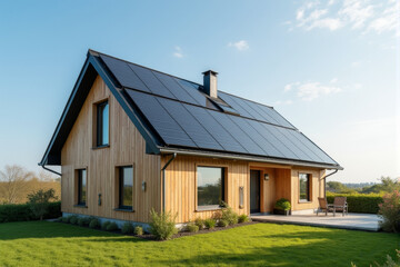 A photo of a newly constructed eco-friendly house with solar panels and energy-efficient windows.