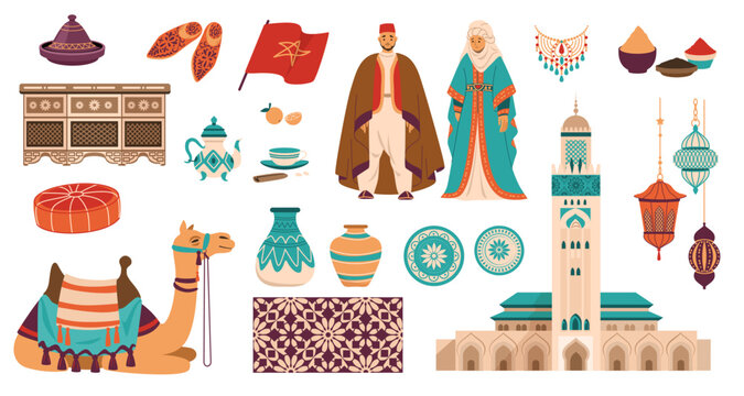 Morocco culture. Travel landmark. Ancient building. Camel and carpet on Moroccan bazaar. Food and rug in Marrakesh tradition. Muslim mosque. East souvenir. Vector traditional elements set