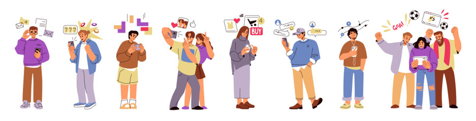 People with phone. Woman person call by smart, hold cell or watch selfie. Young man character using smartphone, talk and chat. Online shopping and music. Cartoon flat isolated vector set