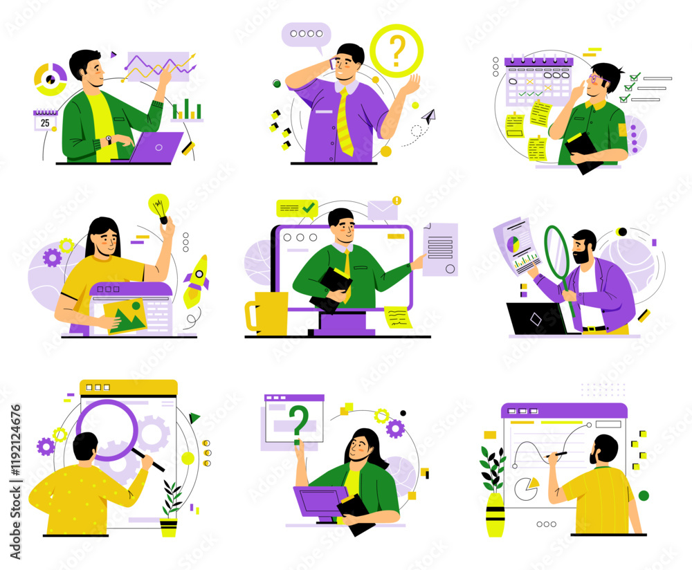 Poster People signing contracts. Business project. Startup rocket. Office employee. Work brainstorm. Deal management. Document infographic. Deadline planning. Ask question. Vector concepts set