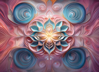 Intricate, symmetrical floral design.  Pastel pink and teal swirls create a flowing, three-dimensional background.  A central flower motif radiates light.