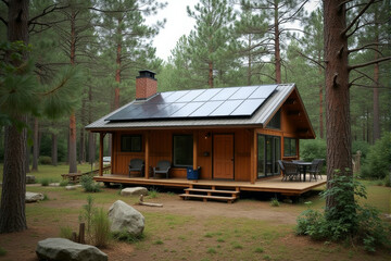 A small off-grid cabin with solar panels on the roof, nestled in a forest clearing.