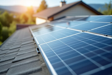 Fototapeta premium A close-up of solar panels on a residential roof, with the house partially visible in the background.