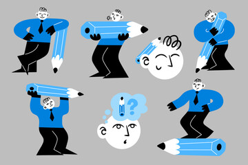 People with pencils. Doodle write and draw. Business character. School study person. Student with big ballpoint. Stationery for education or work. Copywriter poses. Vector cartoon set