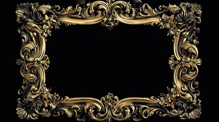 Ornate Golden Baroque Frame on Black Background