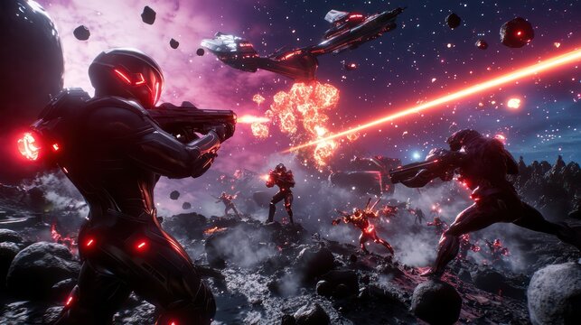 Epic space battle featuring armored astronaut and Spaceships in asteroid field, human soldiers in advanced tactical armor fighting alongside alien warriors with glowing energy weapons