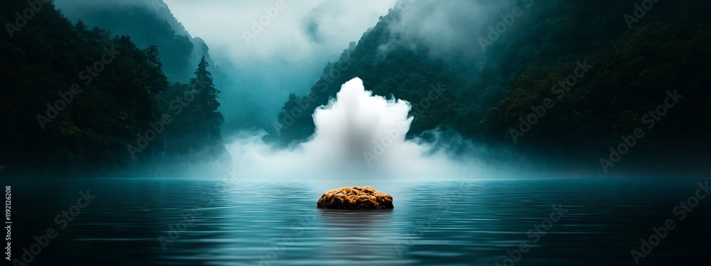 Poster mesmerizing spectral visualization of the powerful roar of a cascading waterfall surrounded by ether
