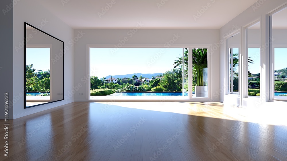 Poster sunlit empty room with large windows overlooking a pool and lush landscape.