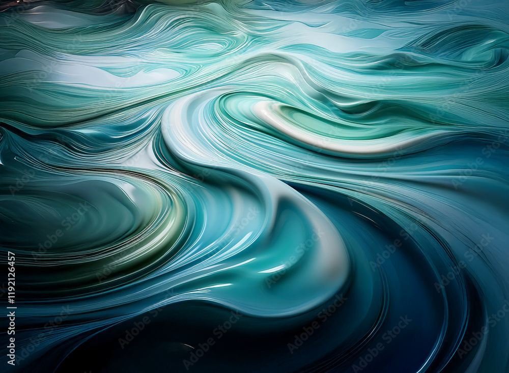 Poster abstract swirling teal and white forms create a mesmerizing, flowing pattern against a dark backgrou