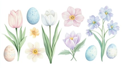 Obraz premium Delicate flowers and vibrant eggs harmonize in a joyful display, capturing the spirit of Easter and the beauty of springtime renewal