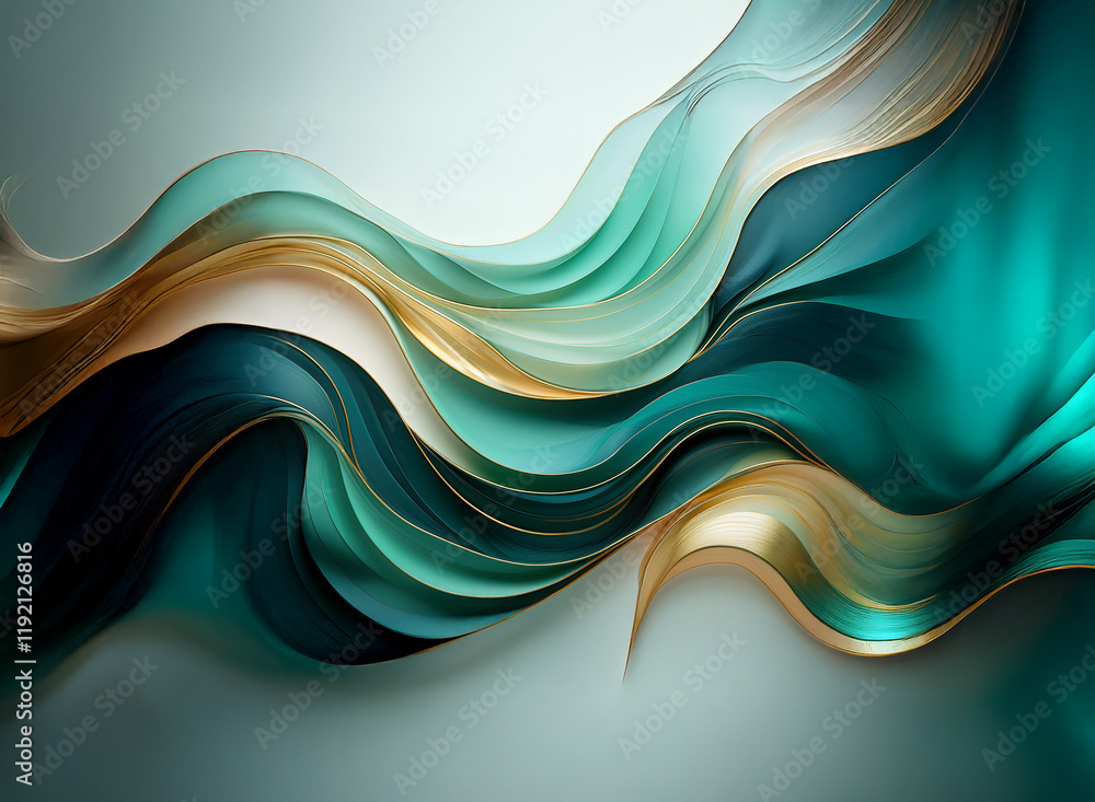 Poster fluid teal and gold ribbons swirl against a soft, light-green background, creating an elegant and ab