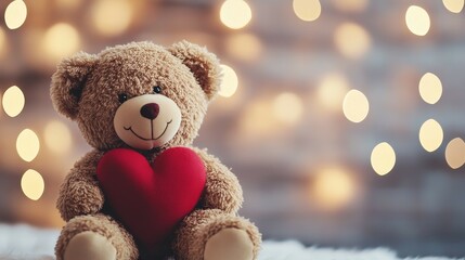 A teddy bear holding a red heart with a warm bokeh background
