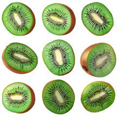 Fototapeta premium The image showcases multiple sliced kiwifruits, displaying their vibrant green flesh and unique black seeds.