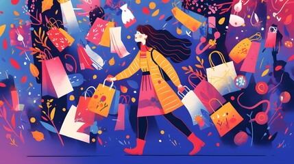 The excitement of shopping sales with vibrant products on a dark background.