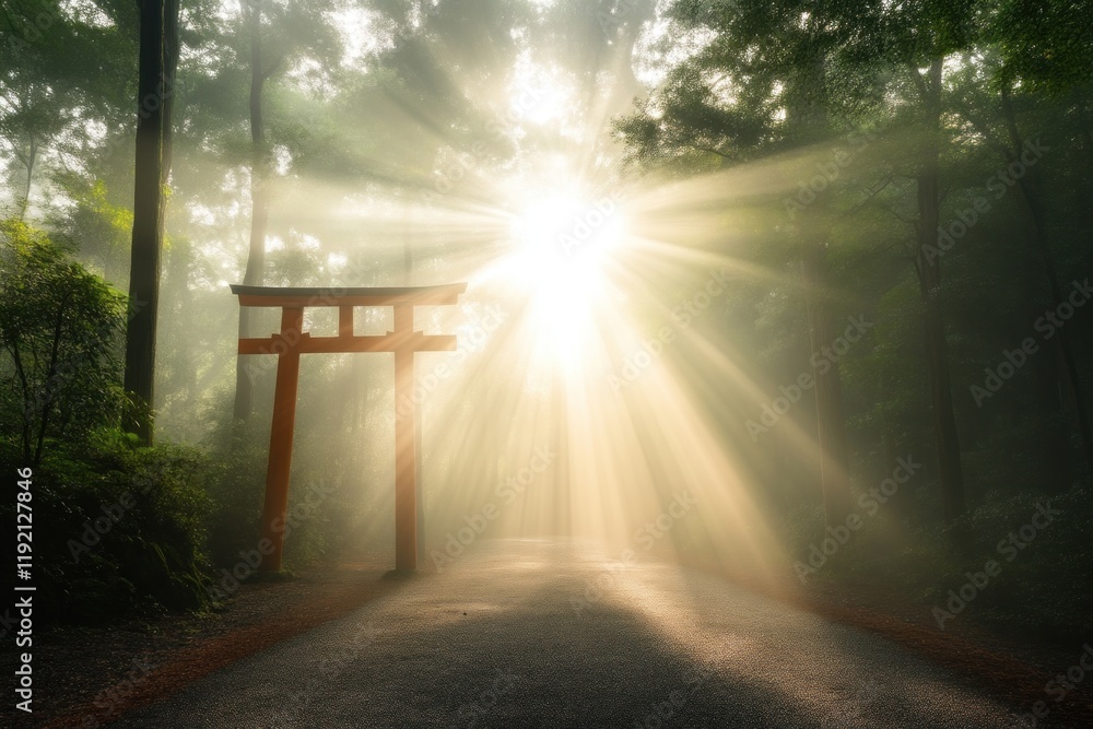 Aufkleber sunlight shining through torii gate forest path nature photography tranquil setting serene view spir