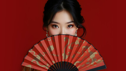 A woman's face with dark hair hidden by a patterned fan on red background, chinese new year and festive design concept
