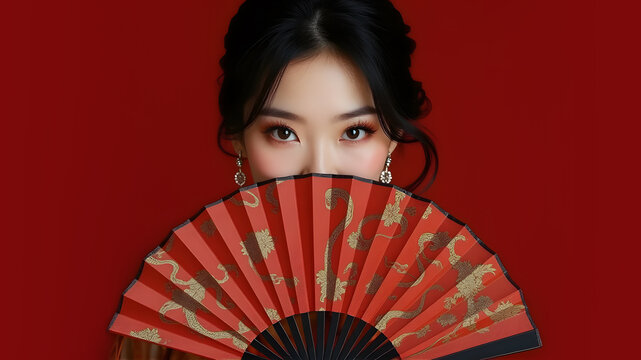 A woman's face with dark hair hidden by a patterned fan on red background, chinese new year and festive design concept