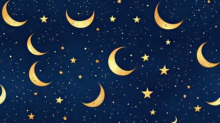 Golden crescent moons and stars night sky pattern, ideal for textile or wrapping paper