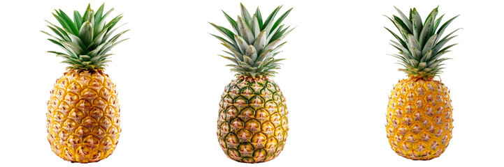 Obraz premium Three ripe pineapples showcasing their textured skin and vibrant green tops.