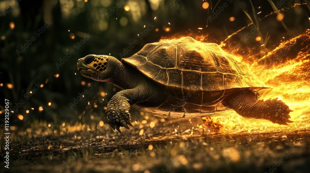 Wall mural A fiery, fast-moving turtle sprints across the ground, leaving a trail of flames.